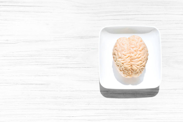 Miniature replica of the human brain placed on a white tray, set on white wooden background. Medical presentations, educational materials, anatomy and psychology articles and design projects concept. - Photo, image