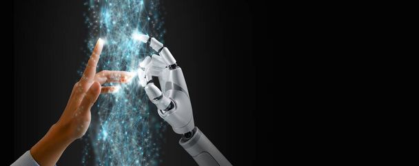 Roboter und menschliche Hände berühren Informationsfluss in Koexistenz zum gemeinsamen Lernen in digitalen Zwillingen. Metaverse KI, Datenanalysetechnologie, Chatbot und Auto GPT. - Foto, Bild