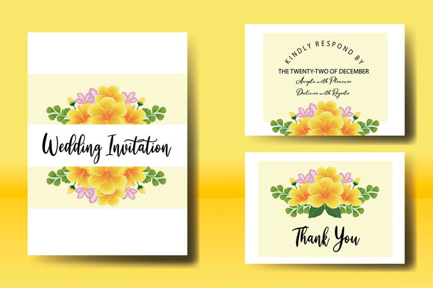 Zestaw ram zaproszenia ślubnego, akwarela kwiatowa Cyfrowa ręka narysowana Żółty Hibiskus Projekt kwiatów Szablon karty zaproszenia - Wektor, obraz