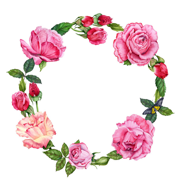 Watercolor floral wreath with red and pink roses isolated on white background - Фото, изображение