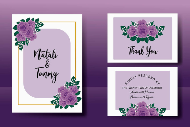 Hochzeitseinladung Rahmenset, florales Aquarell Digital Hand gezeichnet Lila Rose Blumenmuster Einladungskarte Vorlage - Vektor, Bild