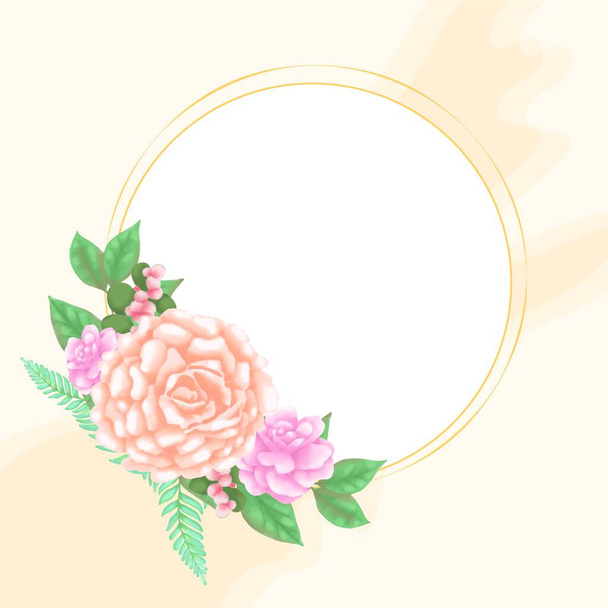 Watercolor floral frame with painted pink flowers roses and green leaves with golden round border. Design element greeting card, birthday, wedding, postcard. Vector illustration  - ベクター画像