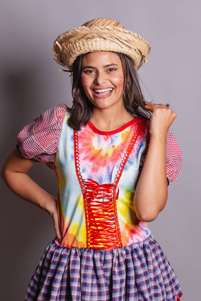 Brazilian woman wearing country clothes, So Joo party, Junina party. photo poses  - Φωτογραφία, εικόνα