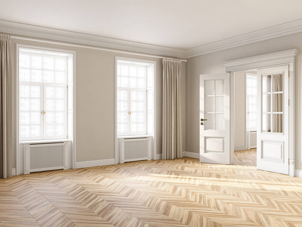 Prázdný design interiéru obývacího pokoje s okny, béžovými stěnami a podlahou z tvrdého dřeva, 3D vykreslování  - Fotografie, Obrázek