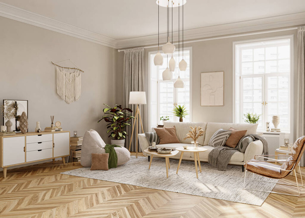 El diseño interior brillante de la sala de estar con ventanas y paredes beige está amueblado con un sofá moderno, armarios, lámpara de pie, mesa de centro y otros elementos decorativos, renderizado en 3D  - Foto, imagen