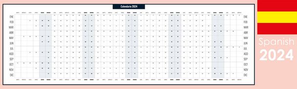 Длинный планировщик 2024. Ежегодный календарь шаблон, одна страница, просто с копировальным пространством, горизонтальный, испанский - Вектор,изображение
