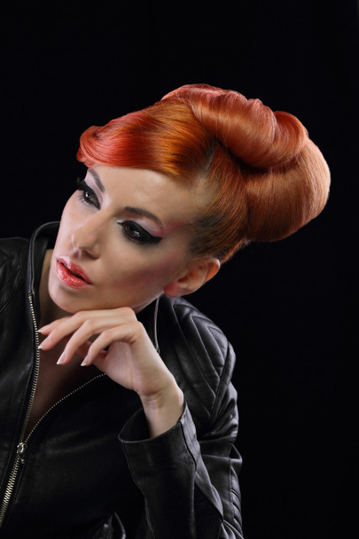Girl with orange hair in a leather jacket - Photo, Image
