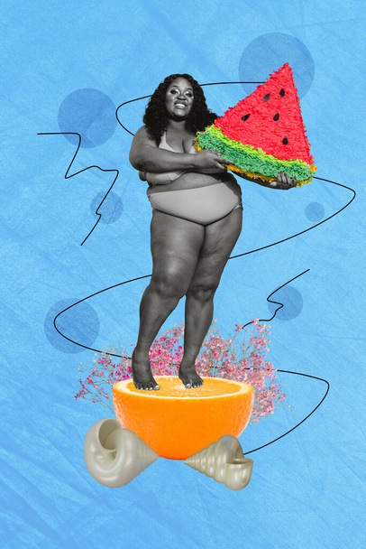 Collage artwork graphics picture of funny lady enjoying fruits standing half orange isolated painting background. - 写真・画像