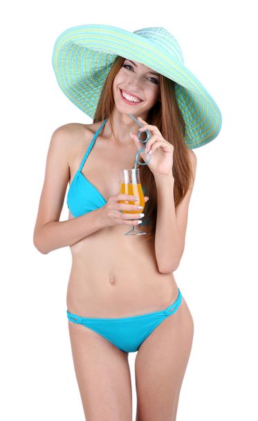 Beautiful young woman in swimsuit with cocktail isolated on white - Fotoğraf, Görsel