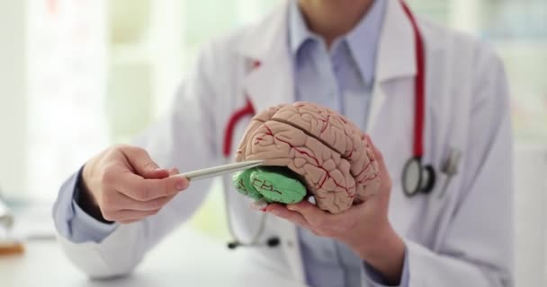 Cirujano cerebral o neurólogo explicando la estructura del cerebro al paciente. Enfermedades cerebrales y encefalopatía - Metraje, vídeo
