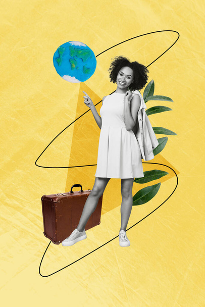 Vertical collage image of black white effect positive girl point finger plasticine planet earth globe retro valise isolated on yellow background. - Foto, Bild