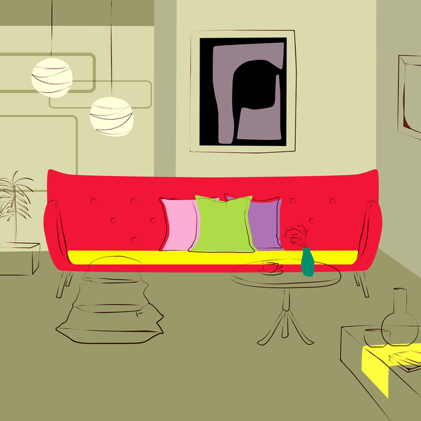 sofá rojo en el salón
 - Vector, Imagen