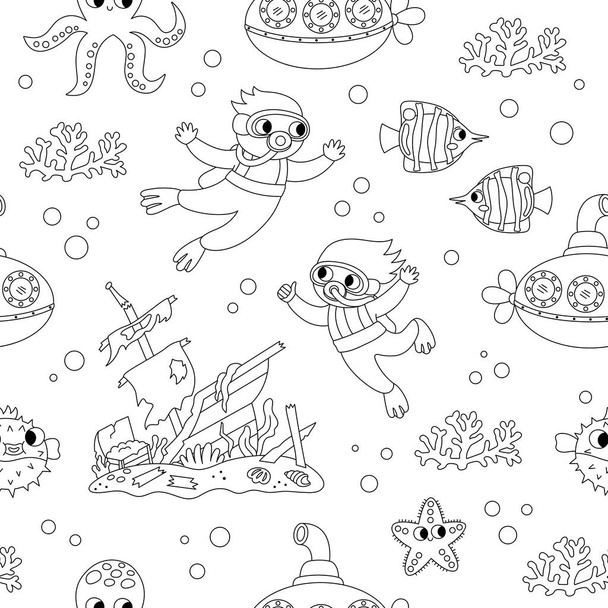 Vector black and white under the sea seamless pattern. Repeat line background with fish, seaweeds, divers, submarine. Ocean life digital paper. Water animals coloring page with wracked shi - Vector, Image