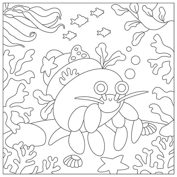 Vector black and white under the sea landscape illustration with hermit crab. Ocean life line scene with sand, seaweeds, corals, reefs. Cute square water nature background, coloring pag - Vector, Image