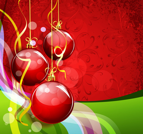 Новогодний красно-зеленый фон с волнами и красными шариками
 - Вектор,изображение