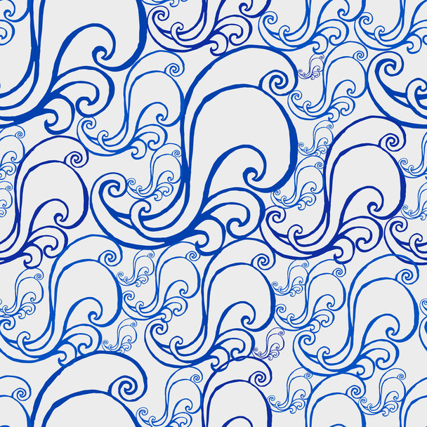 Abstract sea wave sketch style seamless pattern illustration background. Waving water in blue isolated over white. Use for fabric, wrapping paper or wallpaper. - Vector, afbeelding