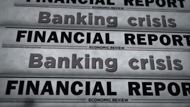 Bankacılık krizi ekonomisi finans ve küresel durgunluk vintage haber ve gazete baskısı. Soyut konsept retro başlıklar 3d. - Video, Çekim