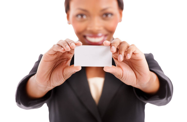 Proud of my new business card. Portrait of a corporate ethnic woman holding up a blank business card - Zdjęcie, obraz