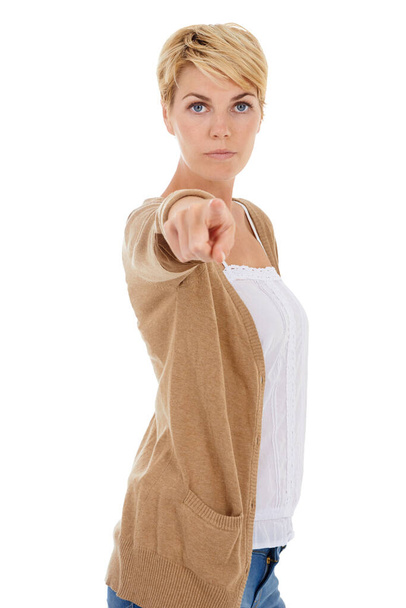 You. Come here. An adamant young woman pointing at you while isolated on a white background - Photo, image