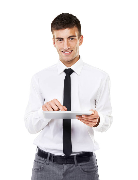 I have everything I need at my fingertips. Portrait of a smiling man holding his touchscreen - Photo, image