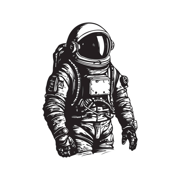 宇宙飛行士ヴィンテージロゴラインアートコンセプト黒と白手描きイラスト - ベクター画像