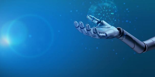 Ручной палец часть человеческого робота Ай искусственный интеллект машины технологии цифровых будущих инноваций бизнес-элементы науки киберпространство синий фон копирования космических данных автоматизации системы мы - Фото, изображение