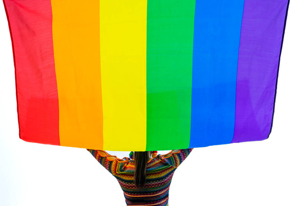 цветной радужный флаг поднимается силуэтом женщины-транссексуала, изолированной на белом фоне, выборочный фокус. - Фото, изображение