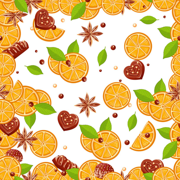 Seamless pattern of chocolates, oranges and coriander stars. Delicious and sweet background. Candy land. Vector background in cartoon style. - Vector, Imagen