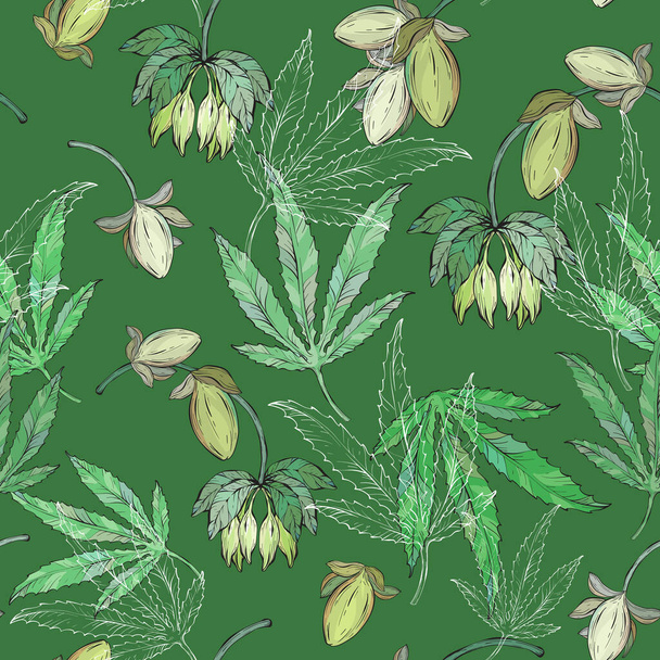 Cannabis leaves seamless pattern. Marijuana sketch drawing seamless pattern - Вектор,изображение