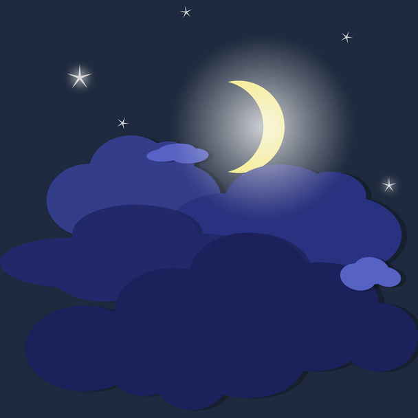 Měsíc a hvězdné pozadí. Zářící srpek za mraky, noční obloha ve stylu stříhaného papíru, krajina v modrých barvách, soumrak. Snění, romantika, Halloween. - Fotografie, Obrázek