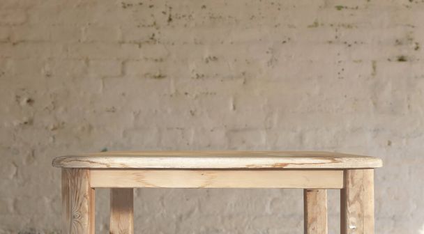 木製のテーブルモックアップ、ぼやけたレンガの壁の背景。3Dレンダリング - 写真・画像
