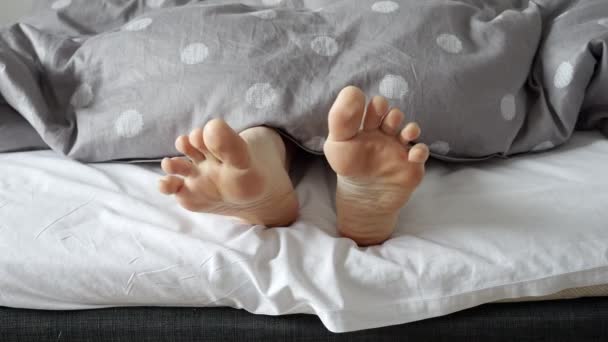 Close-up van vrouwelijke voeten liggend op bed en tonen van onder de deken. Concept van ontspannen thuis, comfortabel bed, rusten in de ochtend - Video