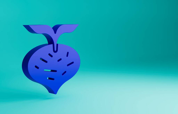 Blue Fresh beet with leaf icon isolated on blue background. Natural Root. Vegetable Ingredient for food. Minimalism concept. 3D render illustration. - 写真・画像