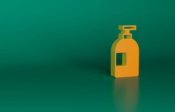 Pomarańczowy płyn do mycia naczyń ikona butelki izolowane na zielonym tle. Płyn do mycia naczyń. Koncepcja minimalizmu. Ilustracja 3D renderowania. - Zdjęcie, obraz