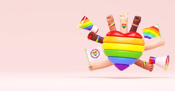 Fondo de banner festivo del orgullo con un corazón de arco iris, manos y espacio de copia para el mes del Orgullo LGBTQIA +, la libertad sexual, la celebración de la diversidad amorosa y la lucha por los derechos humanos en la ilustración 3D - Foto, Imagen