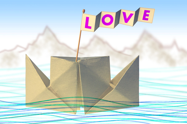 Origami barco de papel com bandeira escrita AMOR
 - Foto, Imagem