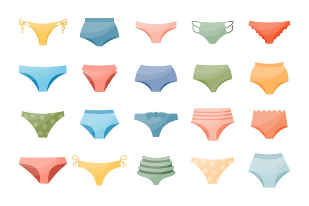 Set of different types of women's panties, swimming trunks. Colorful icons, vector - Wektor, obraz