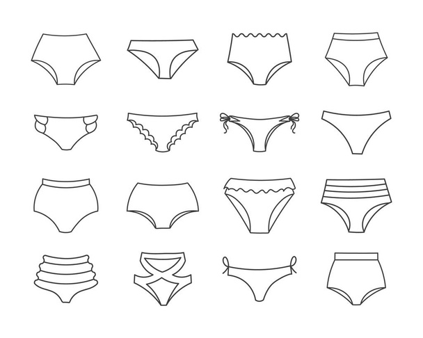 Set di diversi tipi di mutandine da donna, costume da bagno. Disegno a linee, schizzo, icone, vettore - Vettoriali, immagini