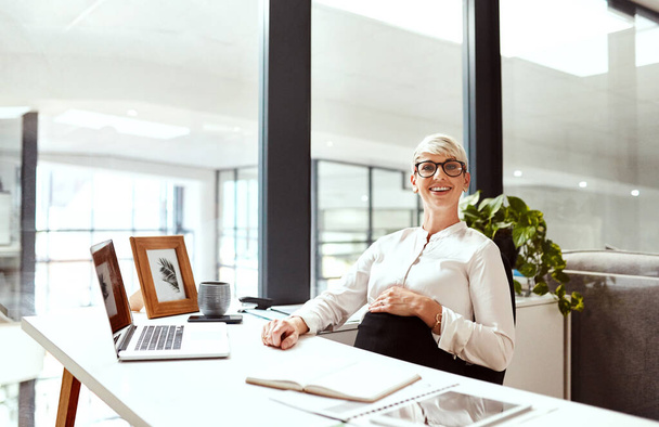 Shes a go-getter, now to become a mom too. Portrait of a pregnant businesswoman sitting at a desk in an office - Fotoğraf, Görsel
