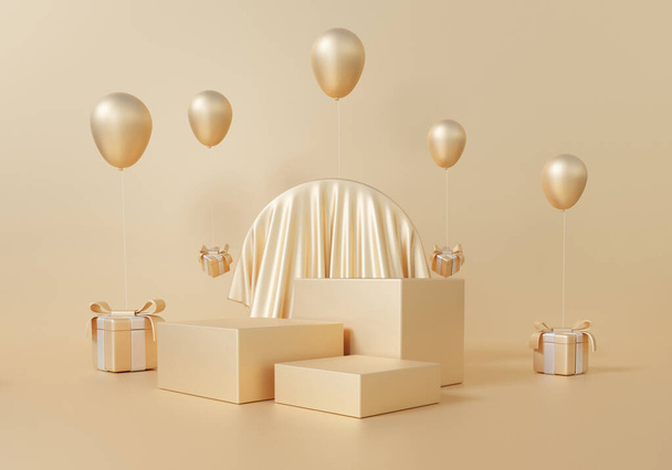 Χρυσό βάθρο 3D φόντο με μπαλόνι δώρο γεωμετρικά σχήματα, πλατεία βάθρο άδειο τρία, κύκλος σχήμα τοίχου, κλίση από μικρό σε μεγάλο, στάση σύνθεση πλατφόρμα, άρωμα παρουσίαση του προϊόντος - Φωτογραφία, εικόνα
