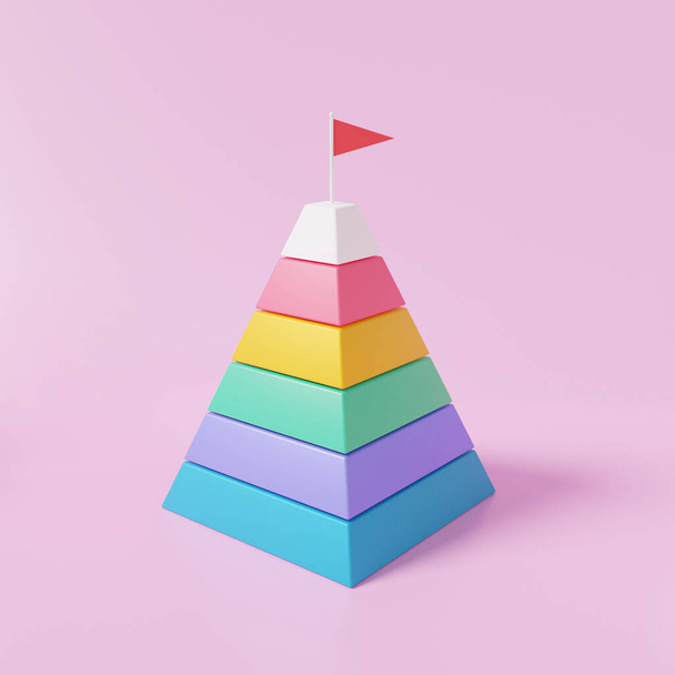 Pyramid chart with Red flag target on pink background isometric Graph icon, level diagram, infographic data analytics Optimization growth statistics finance business development concept. 3d rendering - Photo, Image