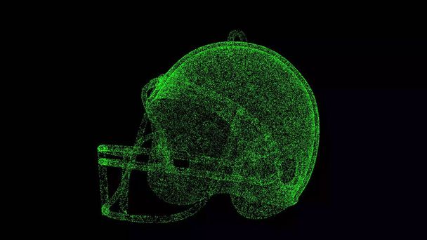 3D fotbalová helma na černém pozadí. Objekt vyrobený z třpytivých částic. Koncept sportovní obrany. Pro název, text, prezentaci. 3D animace - Fotografie, Obrázek