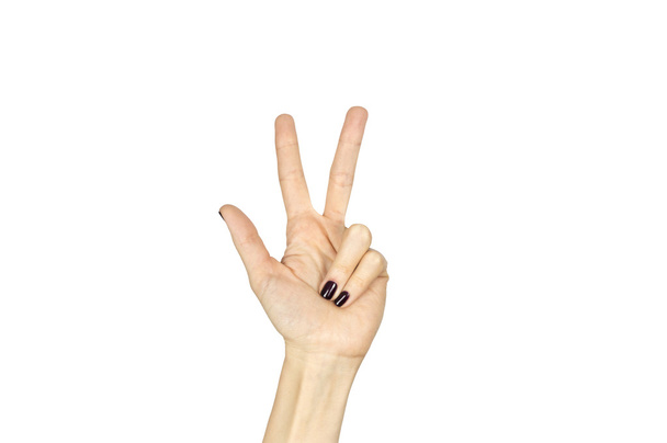 mano femenina mostrando el signo número tres aislado sobre blanco
 - Foto, Imagen