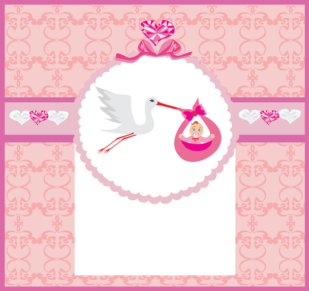 Baby girl Card - Ein Storch bringt ein süßes Mädchen zur Welt.  - Vektor, Bild