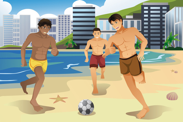 Homens jogando futebol na praia
 - Vetor, Imagem