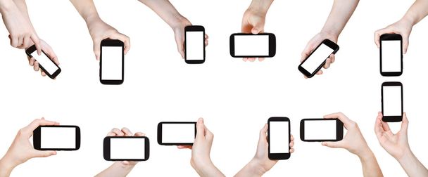 conjunto de manos con teléfonos móviles aislados
 - Foto, imagen