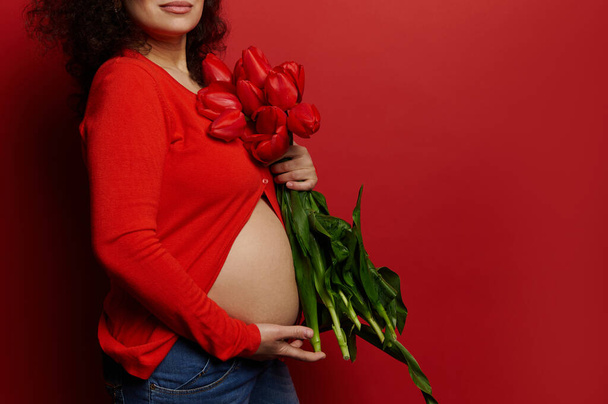 Zbliżenie brzucha ciężarnej z rozstępami ciężkiej kobiety, oczekująca matka pozująca z czerwonymi tulipanami na odizolowanym tle. Pozytywność ciała. Zmysłowość. Ciąża. Na macierzyństwo. Szczęśliwego Dnia Matki - Zdjęcie, obraz
