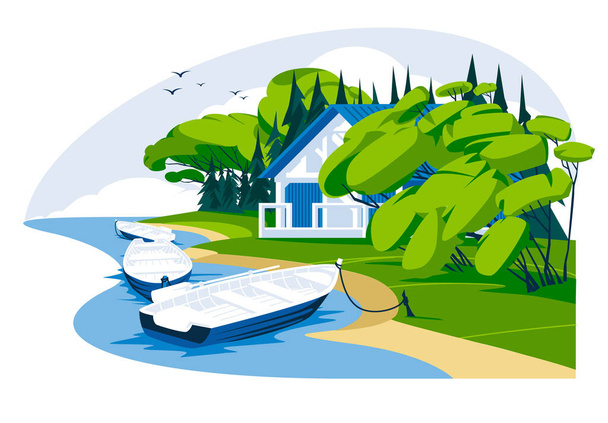 wooden holiday house near a river or lake with boats. Rest, relax, tourism, fishing concept. Vector flat illustration landscape - Вектор,изображение
