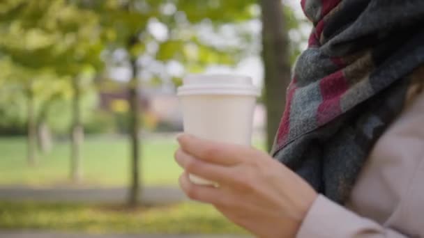 Bej renkli trençkotlu ve eşarplı bir kadın elindeki tek kullanımlık beyaz kahve ya da içeceği tutar ve soğuk bir yaz gününde parkta yürür. - Video, Çekim