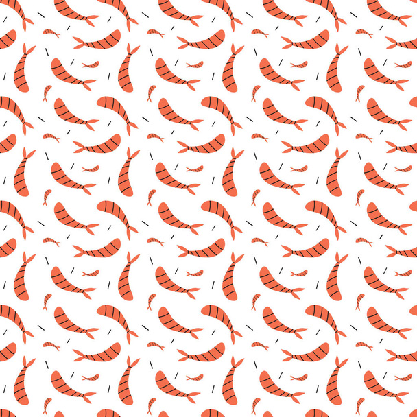 エビのシーフードシームレスパターン。白い背景に隔離されたエビ。ロゴ。エビ - ベクター画像